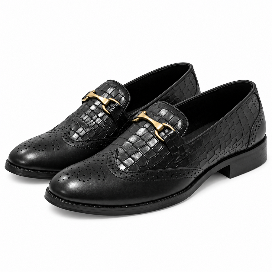 6db16220-fa9a-4ccf-9c29-2bf79c0d93a1 PEER-LOAFER-4502-BUCKEL-SEMI-CROC-BROGUE-GENUINE LEATHER-BLACK - Image 1